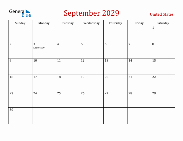 United States September 2029 Calendar - Sunday Start