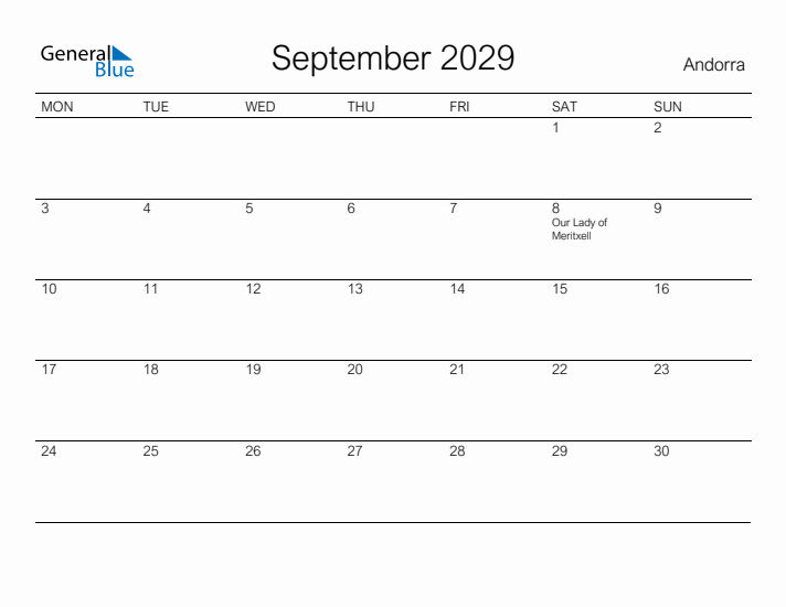 Printable September 2029 Calendar for Andorra