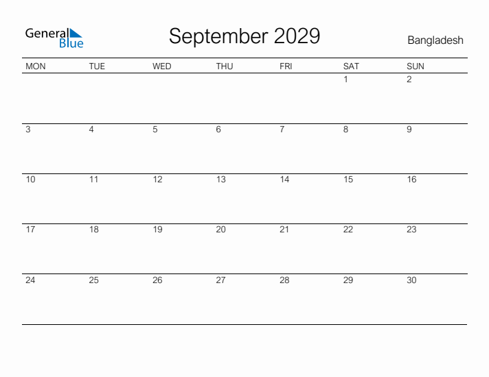Printable September 2029 Calendar for Bangladesh