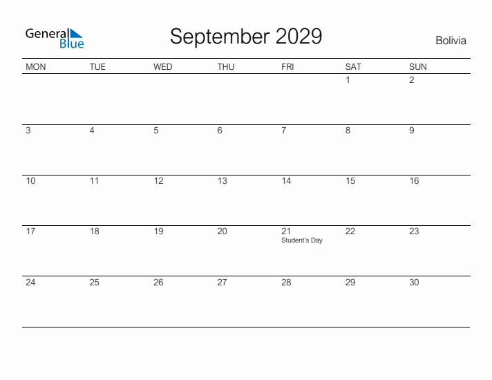 Printable September 2029 Calendar for Bolivia