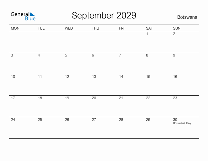 Printable September 2029 Calendar for Botswana