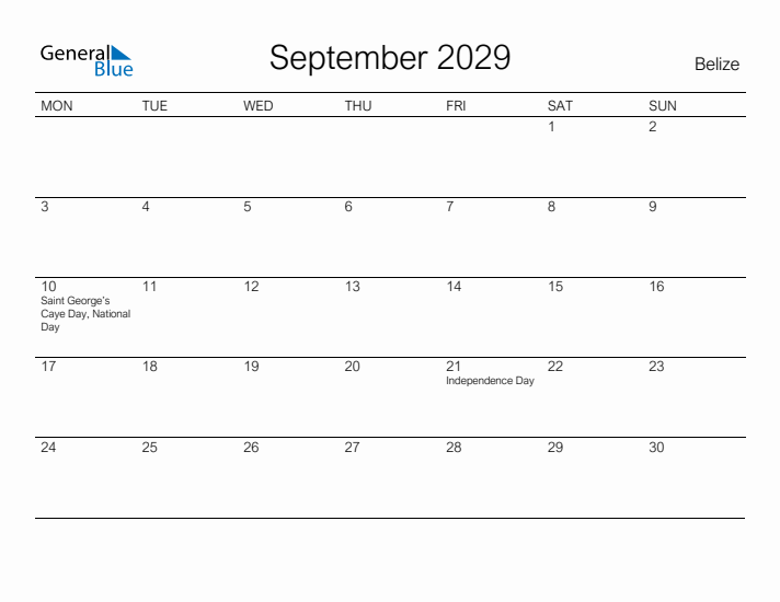 Printable September 2029 Calendar for Belize
