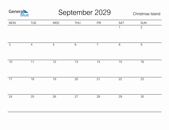 Printable September 2029 Calendar for Christmas Island