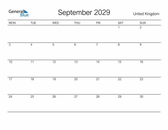 Printable September 2029 Calendar for United Kingdom