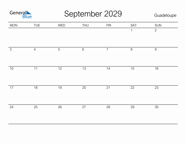 Printable September 2029 Calendar for Guadeloupe