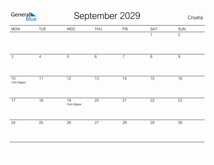 Printable September 2029 Calendar for Croatia