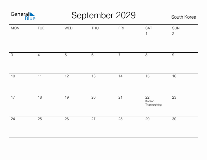 Printable September 2029 Calendar for South Korea
