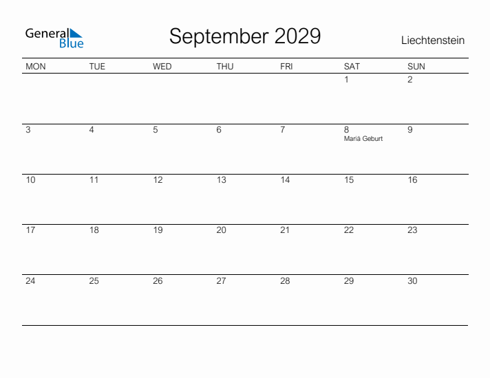 Printable September 2029 Calendar for Liechtenstein