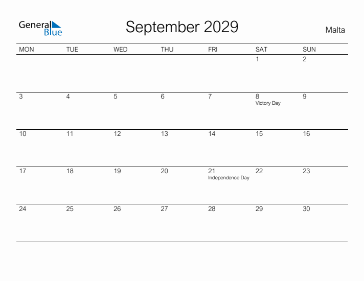 Printable September 2029 Calendar for Malta