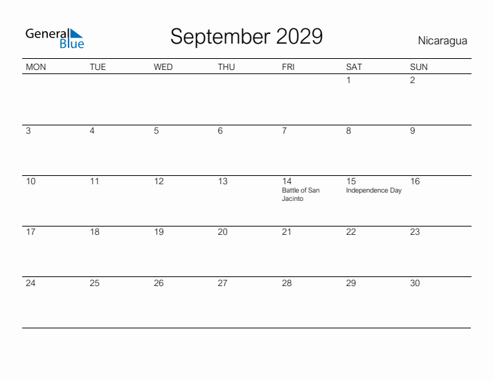 Printable September 2029 Calendar for Nicaragua