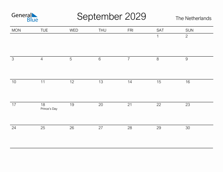 Printable September 2029 Calendar for The Netherlands