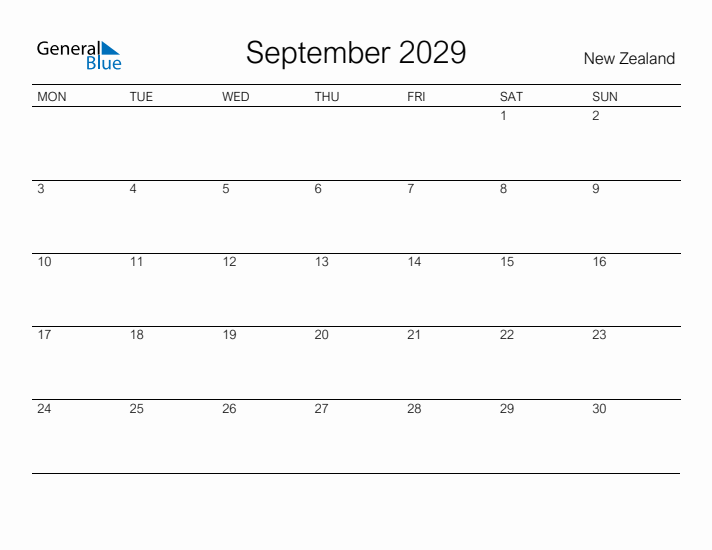 Printable September 2029 Calendar for New Zealand