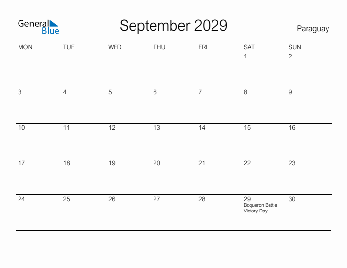 Printable September 2029 Calendar for Paraguay