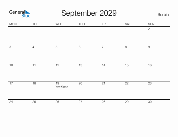 Printable September 2029 Calendar for Serbia