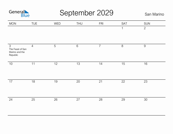Printable September 2029 Calendar for San Marino