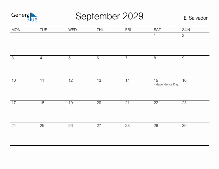 Printable September 2029 Calendar for El Salvador