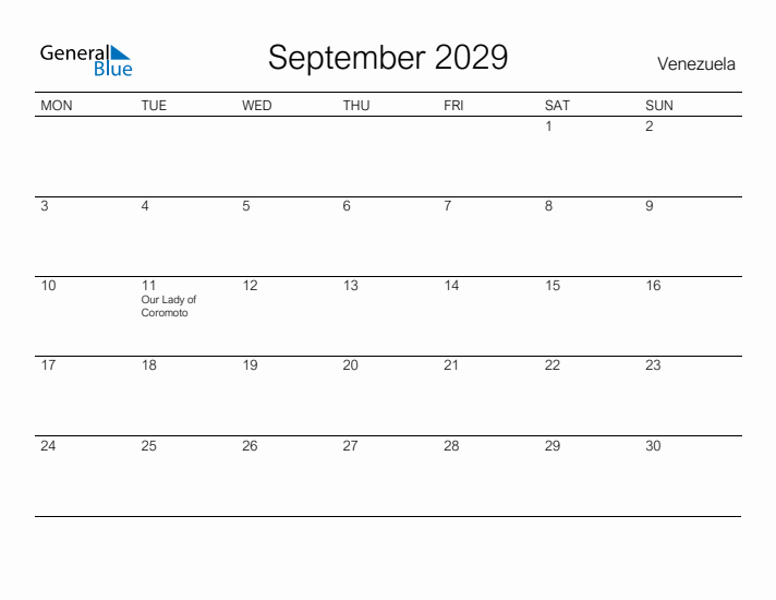 Printable September 2029 Calendar for Venezuela