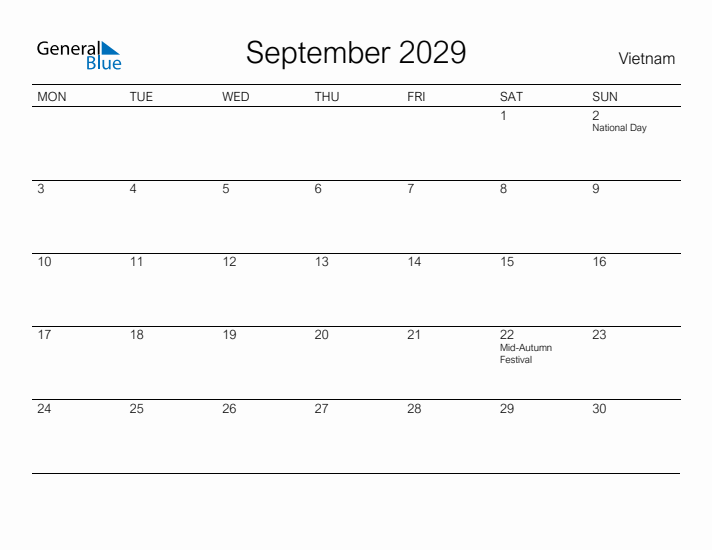 Printable September 2029 Calendar for Vietnam