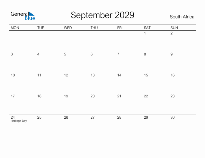 Printable September 2029 Calendar for South Africa