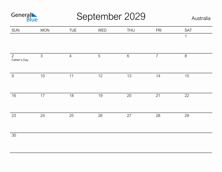 Printable September 2029 Calendar for Australia