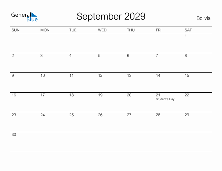 Printable September 2029 Calendar for Bolivia