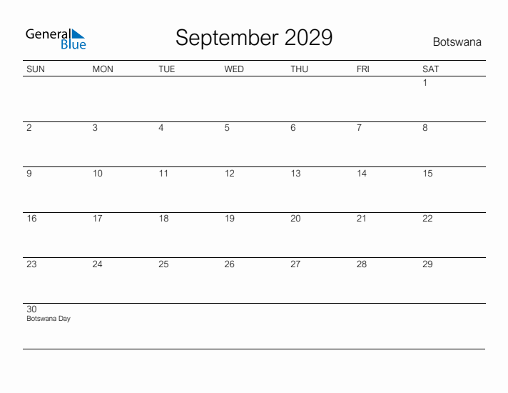 Printable September 2029 Calendar for Botswana