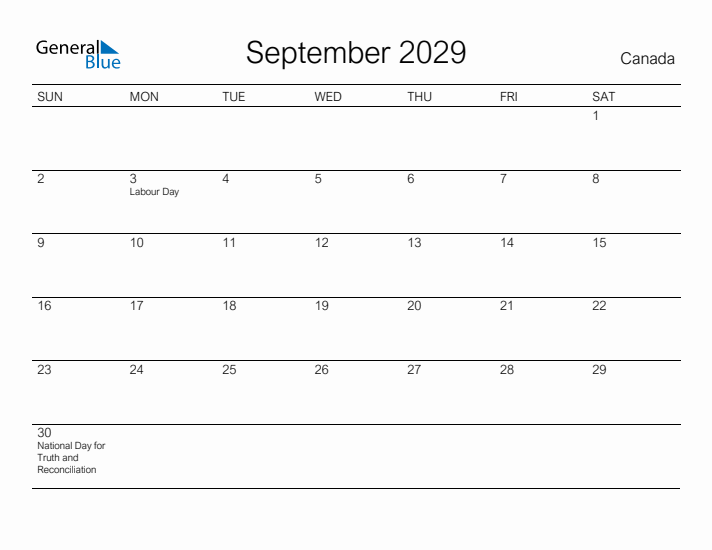 Printable September 2029 Calendar for Canada