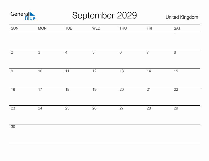 Printable September 2029 Calendar for United Kingdom