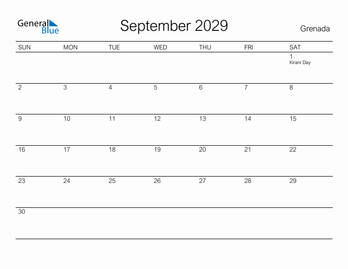 Printable September 2029 Calendar for Grenada