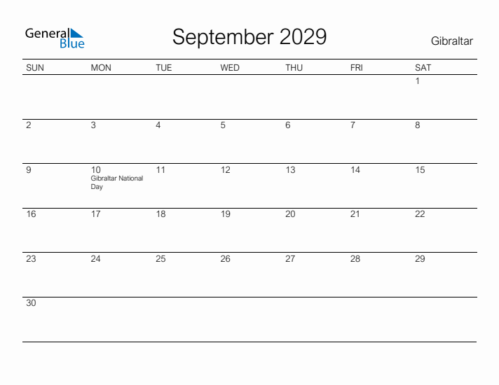 Printable September 2029 Calendar for Gibraltar