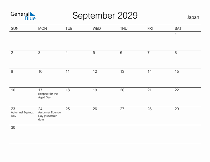 Printable September 2029 Calendar for Japan