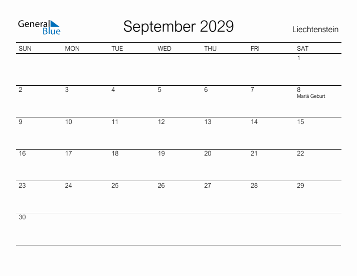 Printable September 2029 Calendar for Liechtenstein