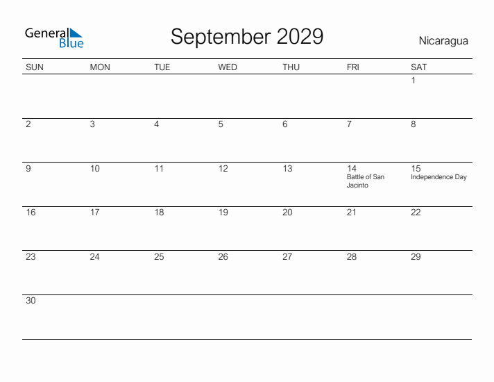 Printable September 2029 Calendar for Nicaragua