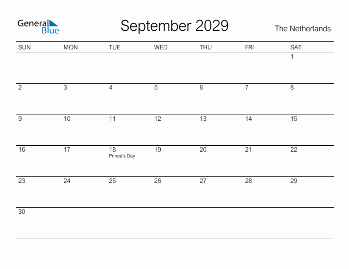 Printable September 2029 Calendar for The Netherlands