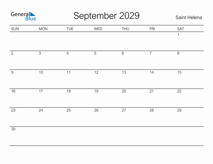 Printable September 2029 Calendar for Saint Helena