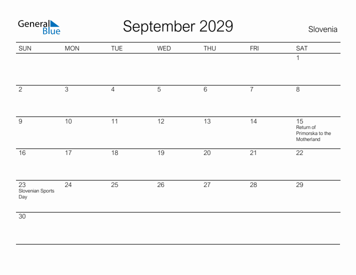 Printable September 2029 Calendar for Slovenia