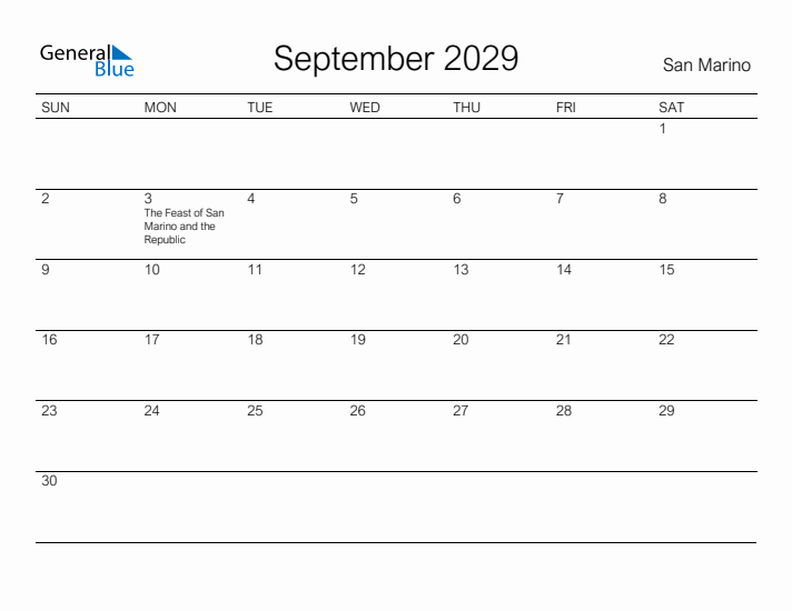 Printable September 2029 Calendar for San Marino