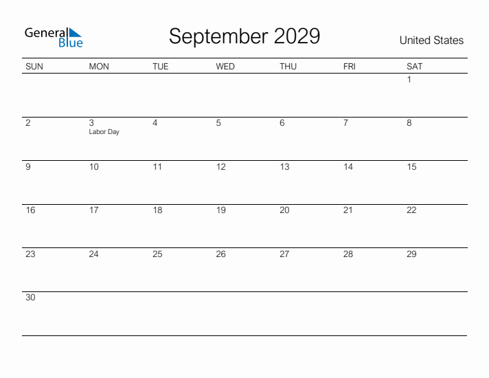 Printable September 2029 Calendar for United States