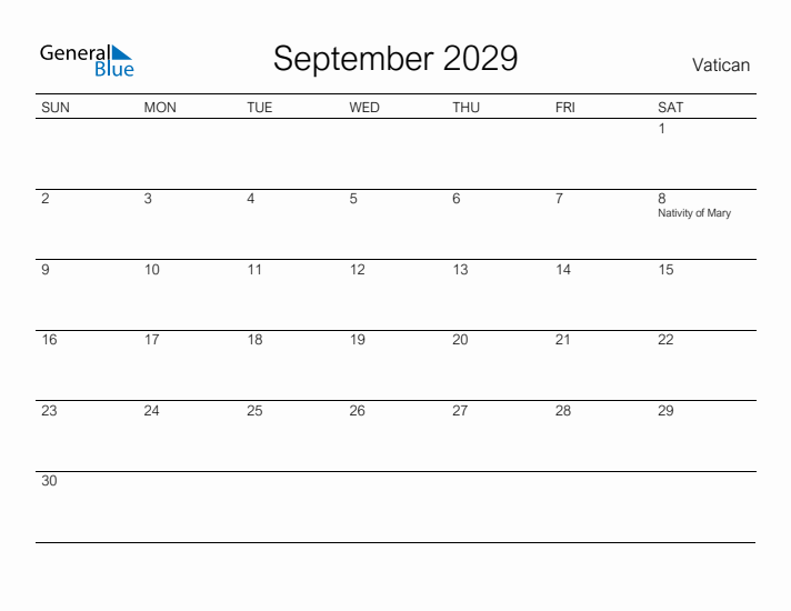Printable September 2029 Calendar for Vatican