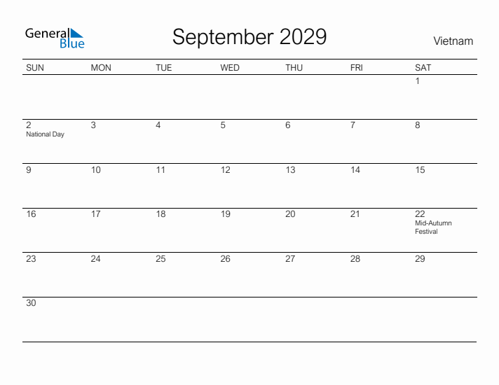 Printable September 2029 Calendar for Vietnam