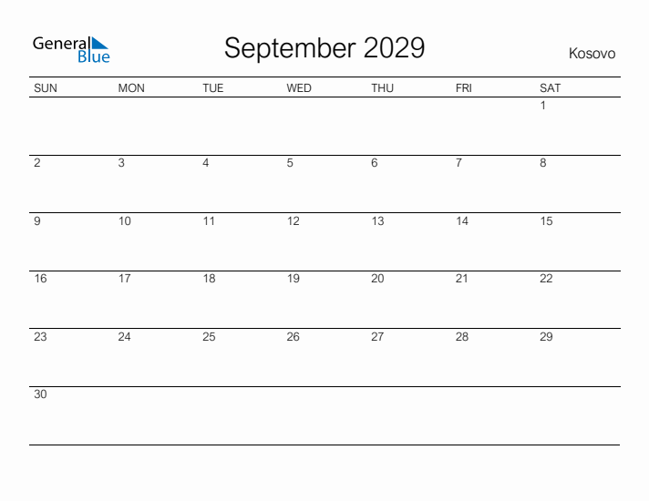 Printable September 2029 Calendar for Kosovo