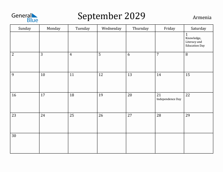 September 2029 Calendar Armenia