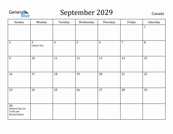 September 2029 Calendar Canada
