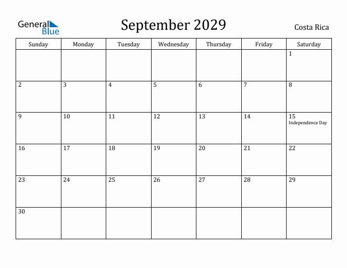 September 2029 Calendar Costa Rica