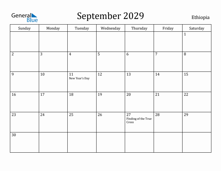 September 2029 Calendar Ethiopia
