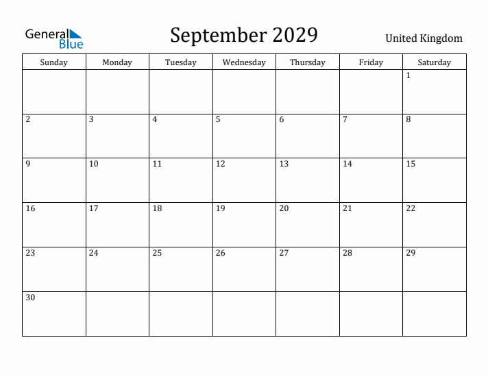 September 2029 Calendar United Kingdom