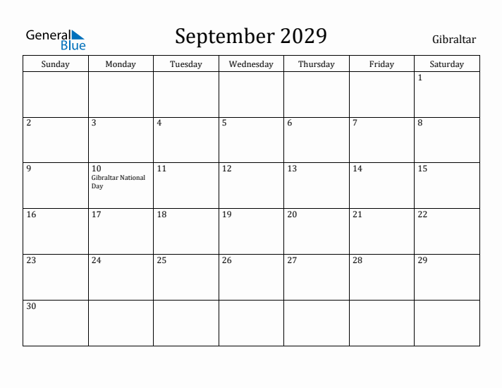 September 2029 Calendar Gibraltar