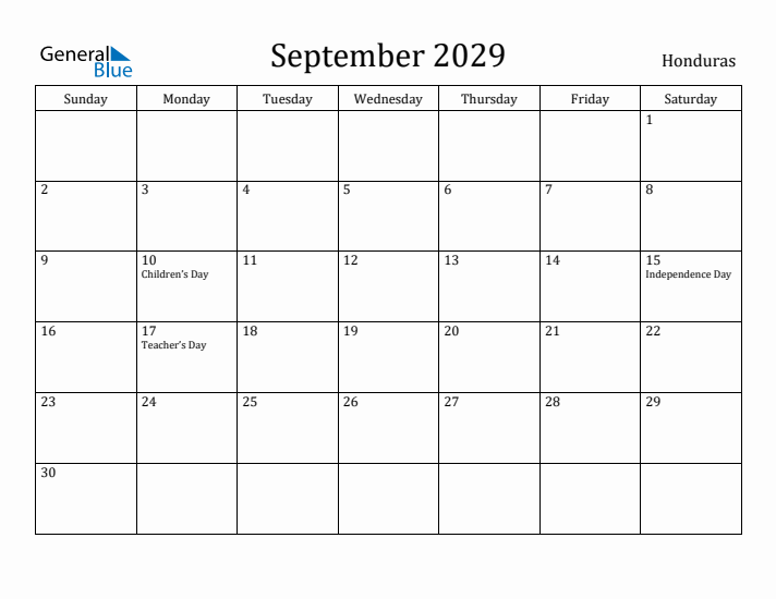 September 2029 Calendar Honduras