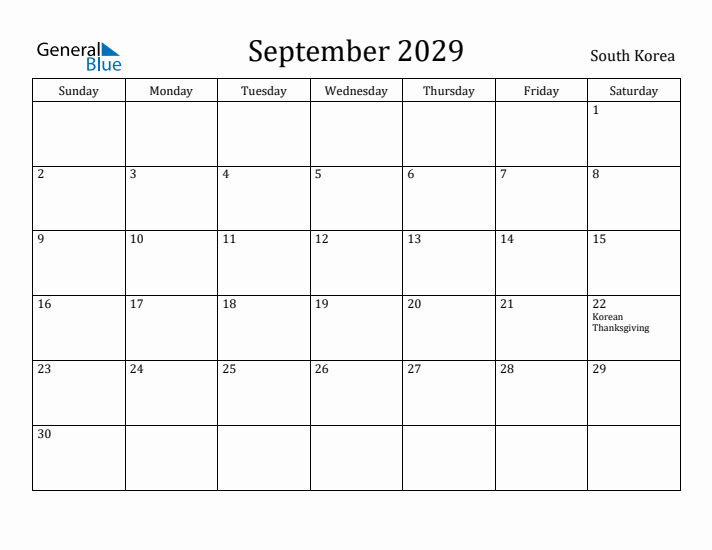 September 2029 Calendar South Korea