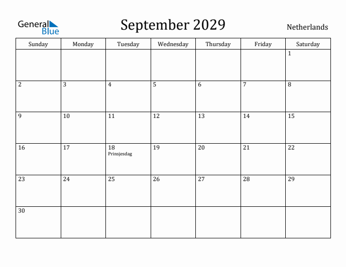September 2029 Calendar The Netherlands